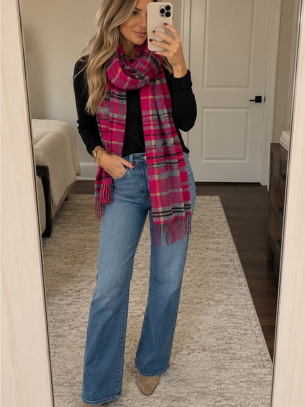 Peck & Peck 100% Cashmere Pink and Grey Tartan Plaid Scarf